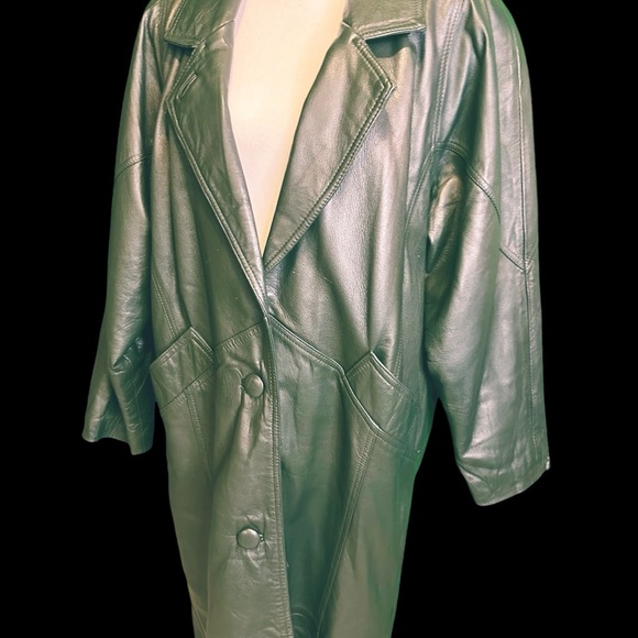 Synergy Vintage Y2K Forest Green 100% Leather Longline Button Front Coat Size L - Picture 15 of 16